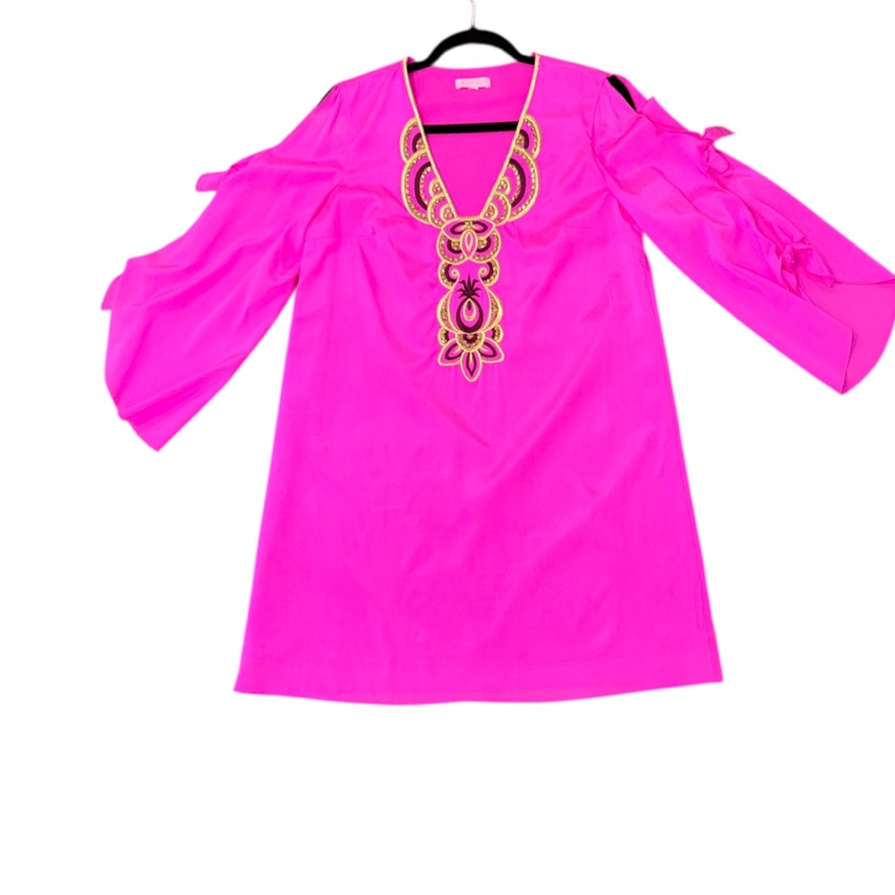 LILLY PULITZER Avila Stretch Silk Embellished Mini Dress Berry Fizz Size Medium